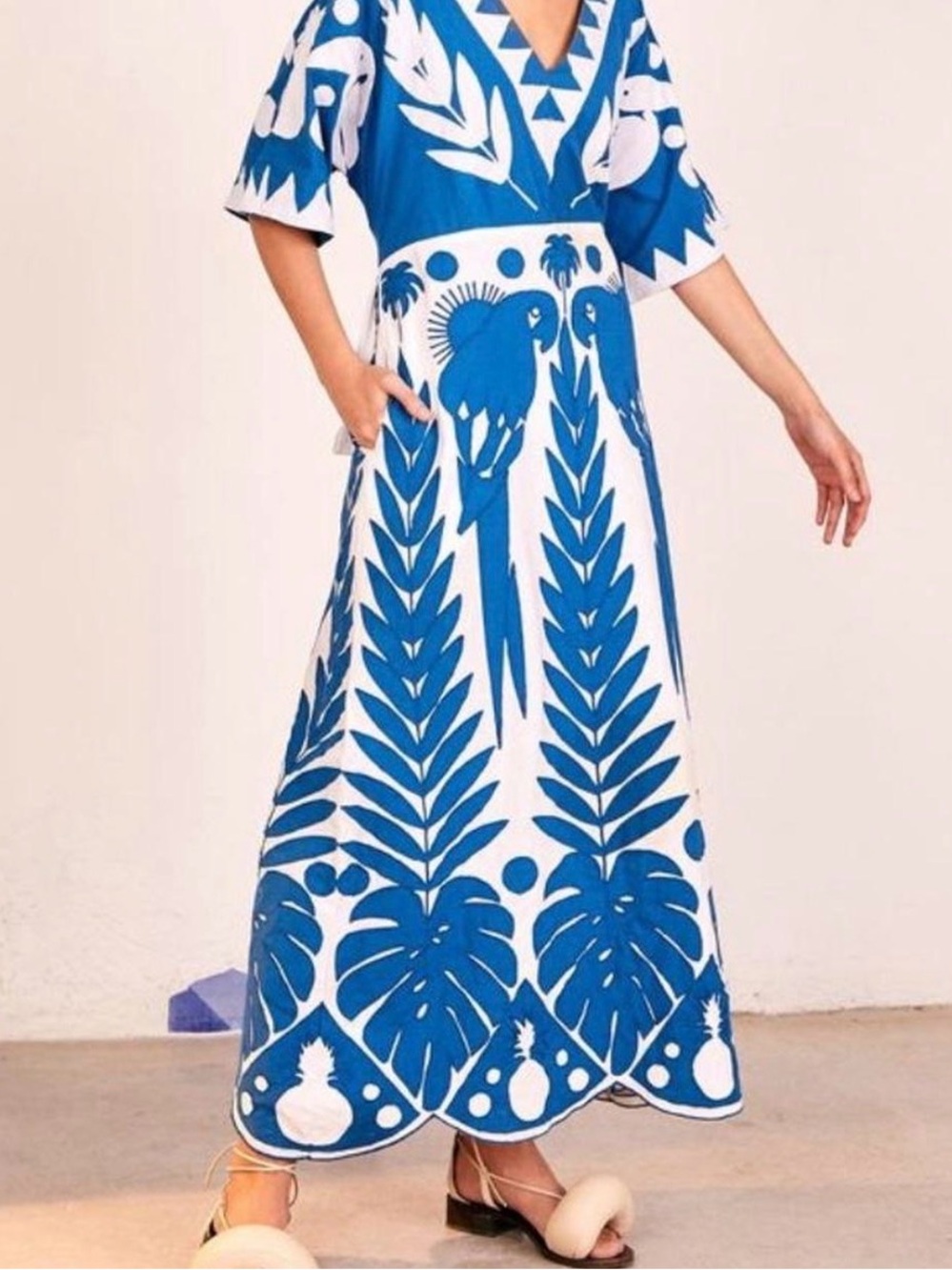 FARM Rio Blue and White Maxi Dress with Parrot & Leaf Motif